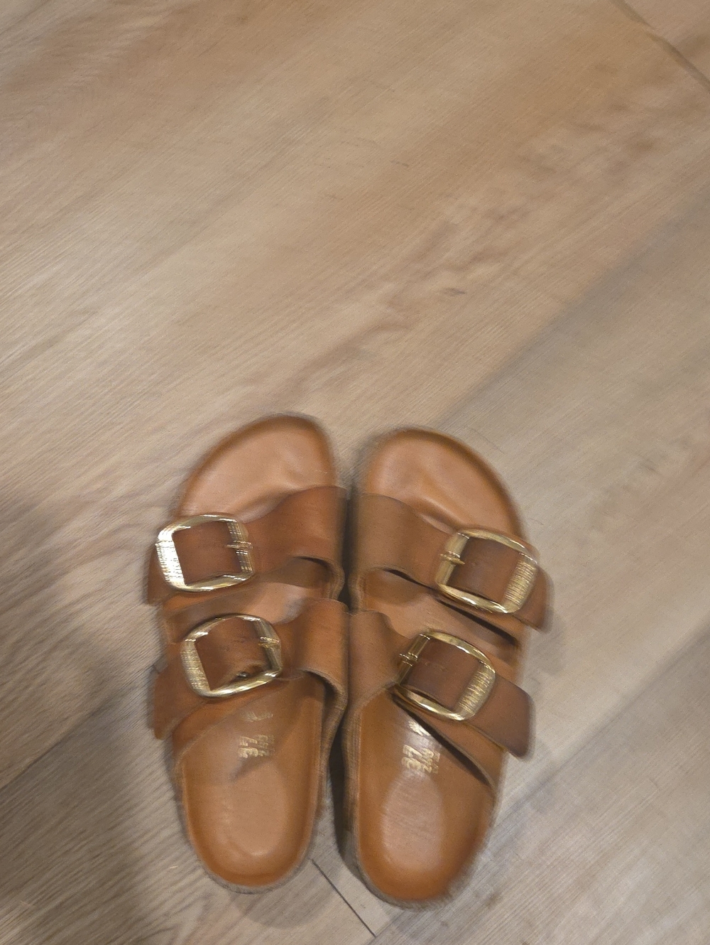Birkenstock Brown Double-Buckle Slide Sandals with Gold Buckles